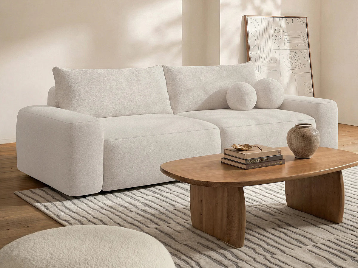 Canapé Japandi 4 places convertible avec coffre en tissu chiné crème 257 cm - Daviso