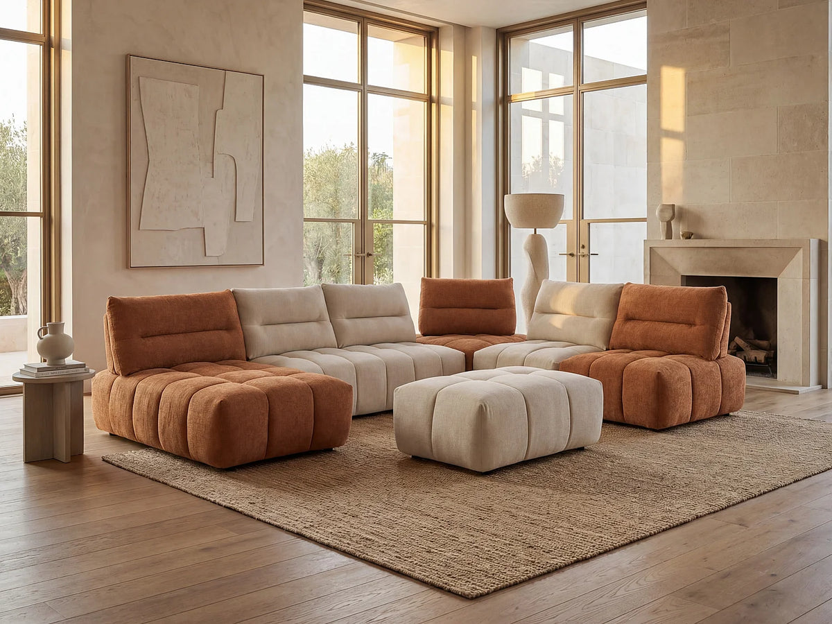 Canapé d'angle Japandi panoramique modulable 7 places avec pouf en tissu texturé beige et terracotta 370 cm - Apoliu