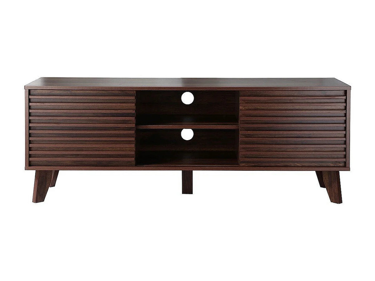 Meuble TV Japandi 2 portes coulissantes cannelé décor noyer foncé 135 x 51,5 cm - Fribourg