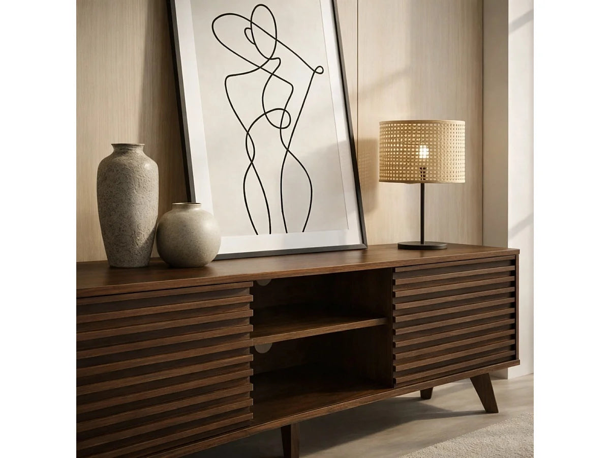 Meuble TV Japandi 2 portes coulissantes cannelé décor noyer foncé 135 x 51,5 cm - Fribourg