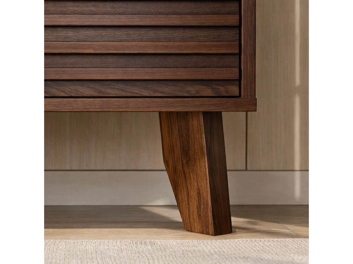 Meuble TV Japandi 2 portes coulissantes cannelé décor noyer foncé 135 x 51,5 cm - Fribourg