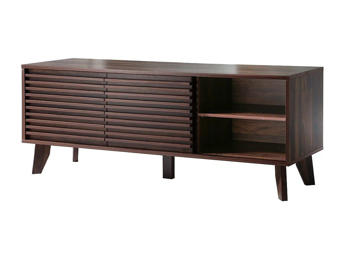 Meuble TV Japandi 2 portes coulissantes cannelé décor noyer foncé 135 x 51,5 cm - Fribourg