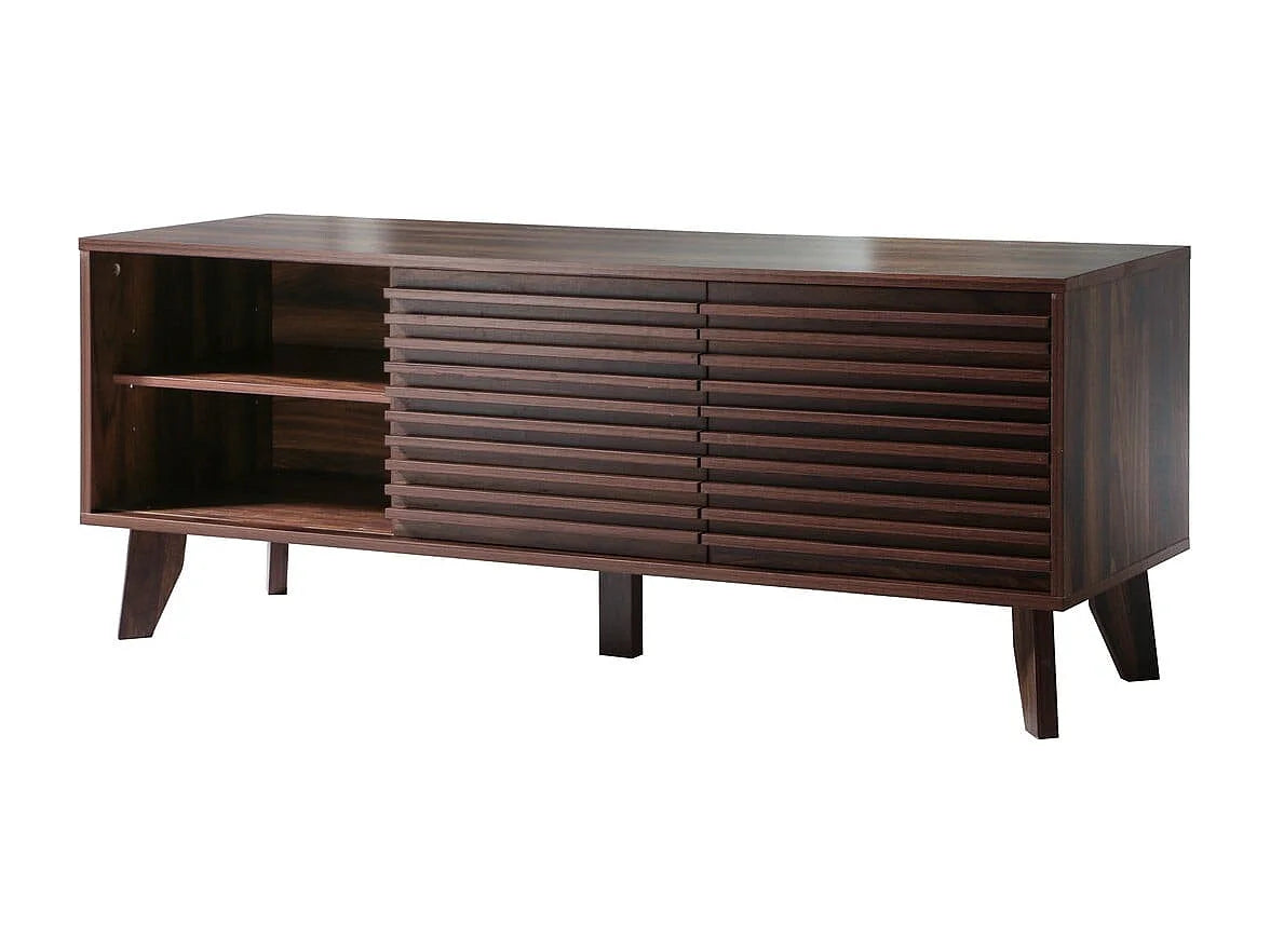 Meuble TV Japandi 2 portes coulissantes cannelé décor noyer foncé 135 x 51,5 cm - Fribourg