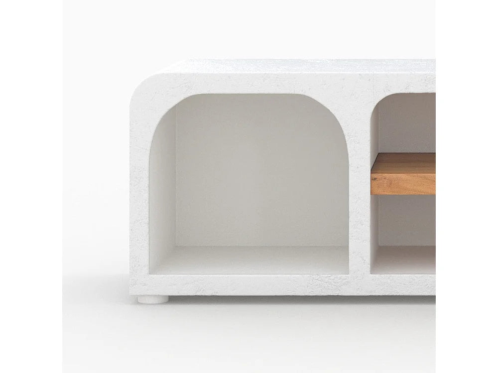 Meuble TV Japandi 4 niches en plâtre blanc cassé 140 x 45 cm - Fira