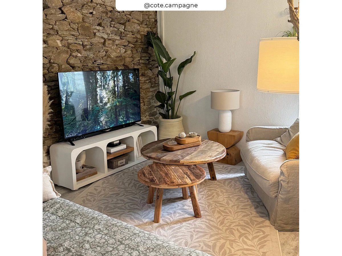 Meuble TV Japandi 4 niches en plâtre blanc cassé 140 x 45 cm - Fira