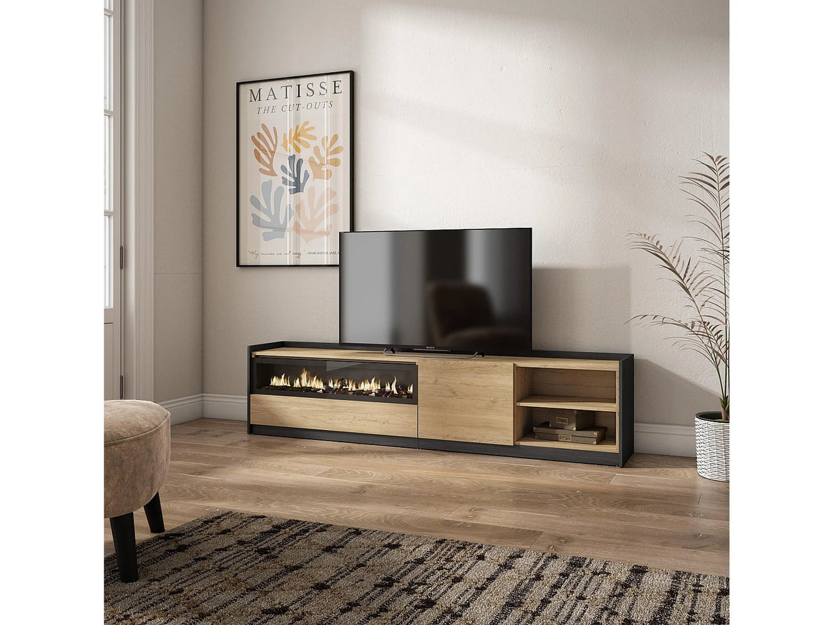 Meuble TV Japandi avec cheminée électrique effet chêne et noir 207 x 50 cm