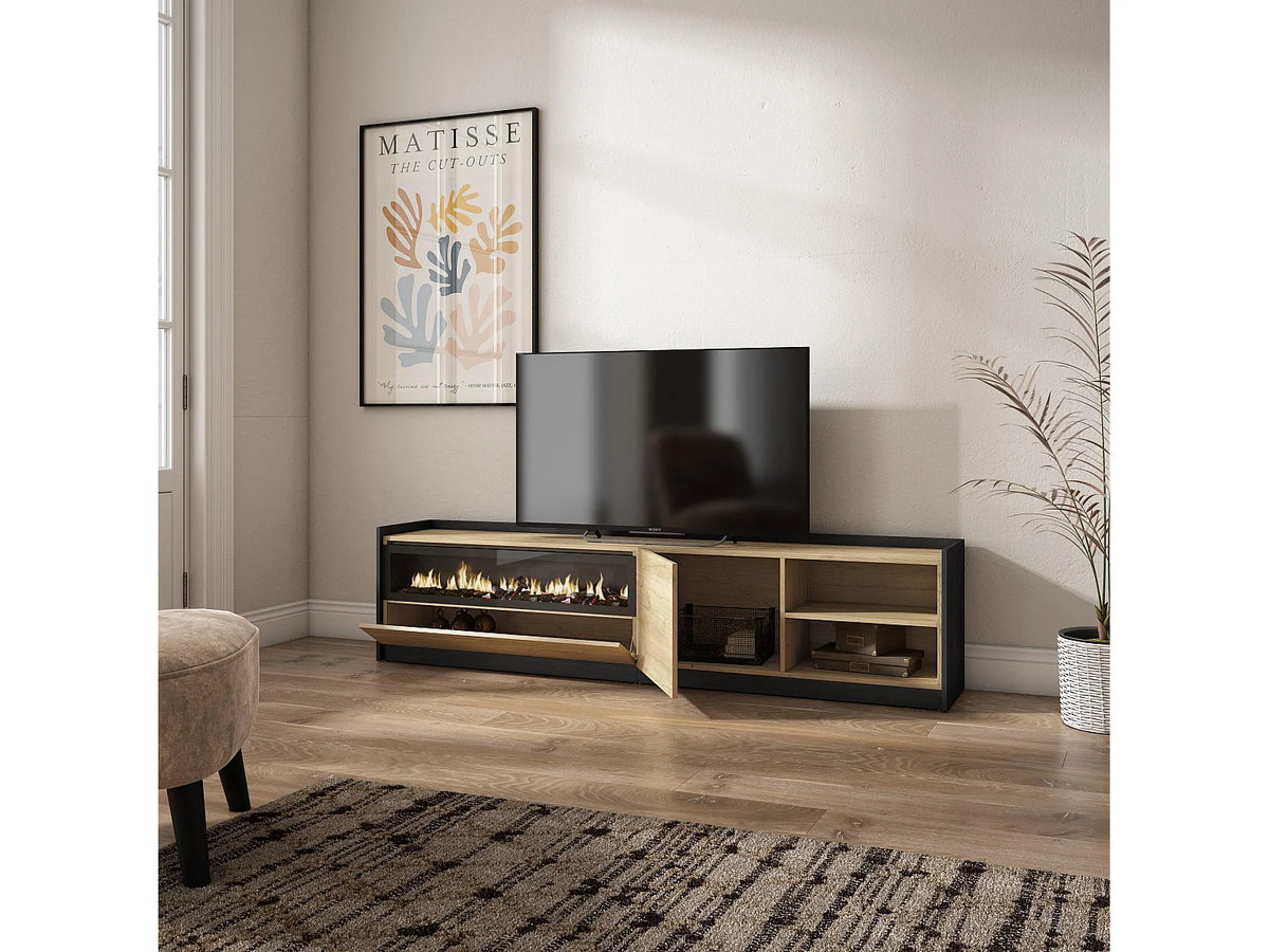 Meuble TV Japandi avec cheminée électrique effet chêne et noir 207 x 50 cm