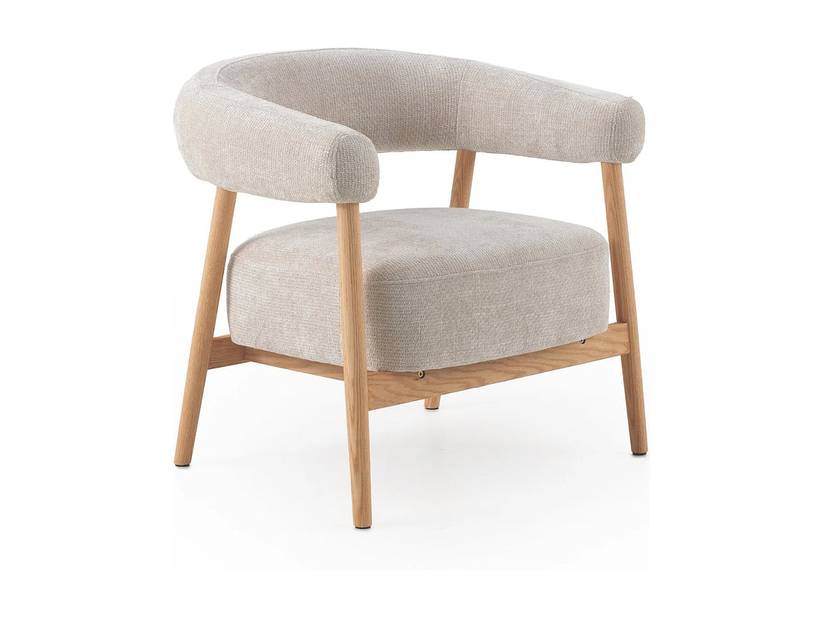 Fauteuil Japandi en bois de chêne et tissu chenille blanc