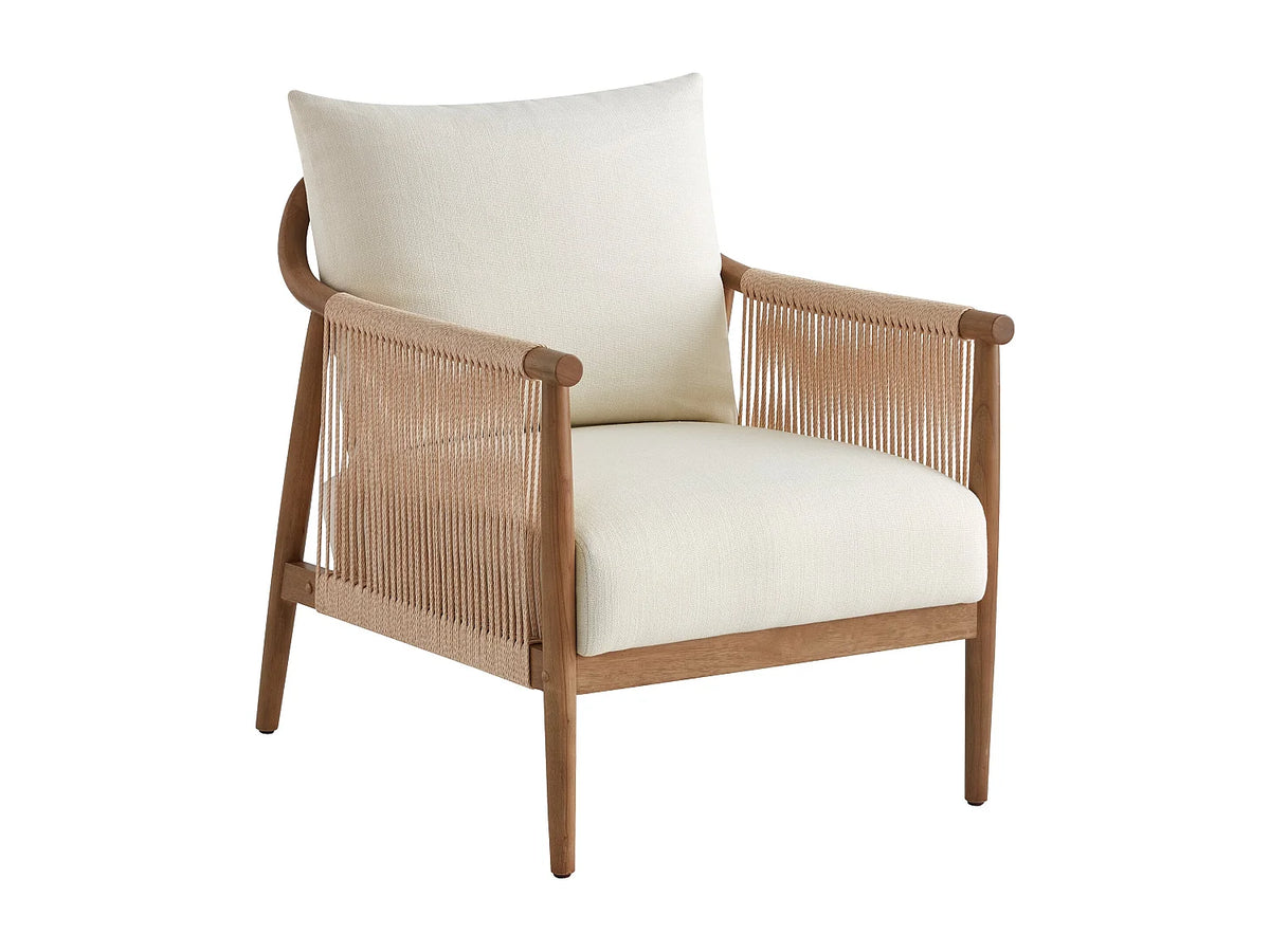 Fauteuil Japandi bohème en bois massif et corde de papier tressée beige
