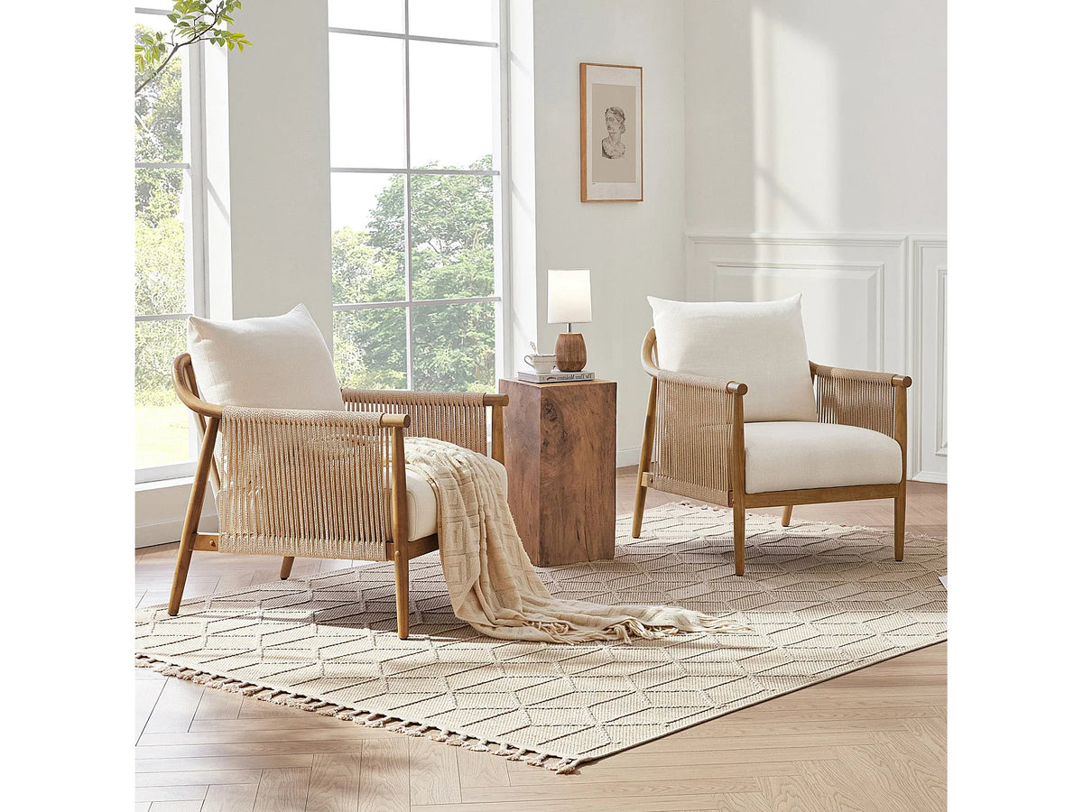 Fauteuil Japandi bohème en bois massif et corde de papier tressée beige