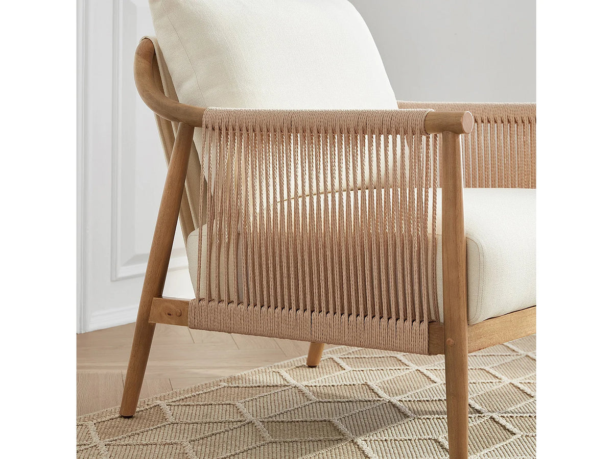 Fauteuil Japandi bohème en bois massif et corde de papier tressée beige