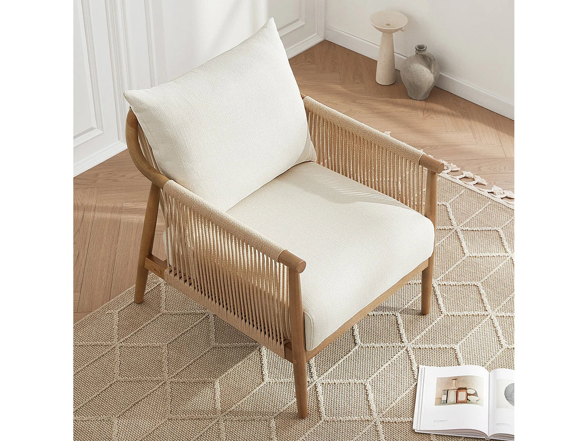 Fauteuil Japandi bohème en bois massif et corde de papier tressée beige