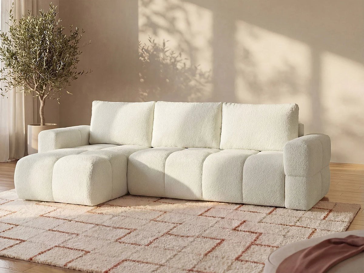 Canapé d'angle Japandi réversible convertible 5 places en bouclette beige 301 cm - Issoro