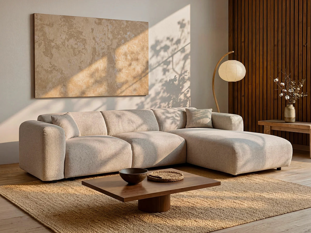 Grand canapé d'angle Japandi droit 5 places en tissu chiné beige 280 cm - Pogni