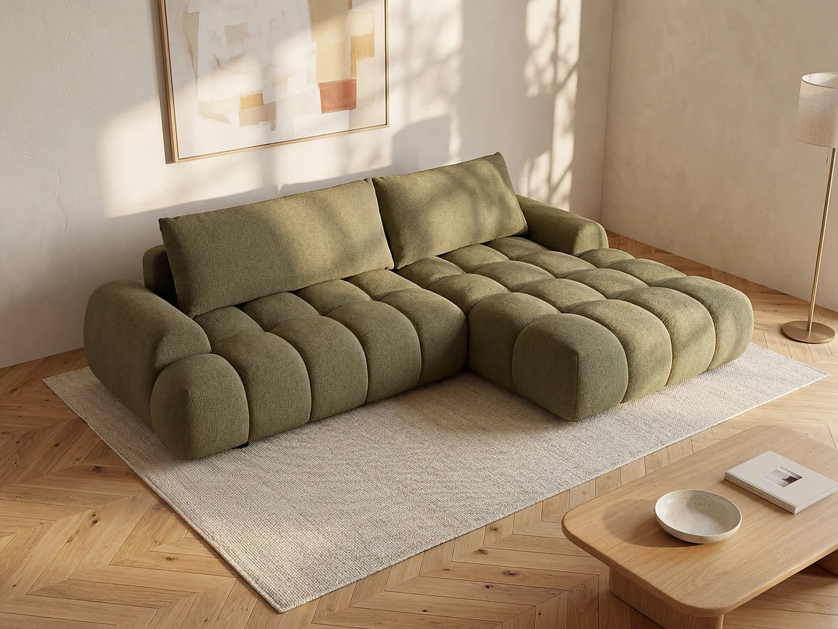 Canapé d'angle Japandi droit convertible avec coffre en tissu chenille vert 280 cm - Farneta