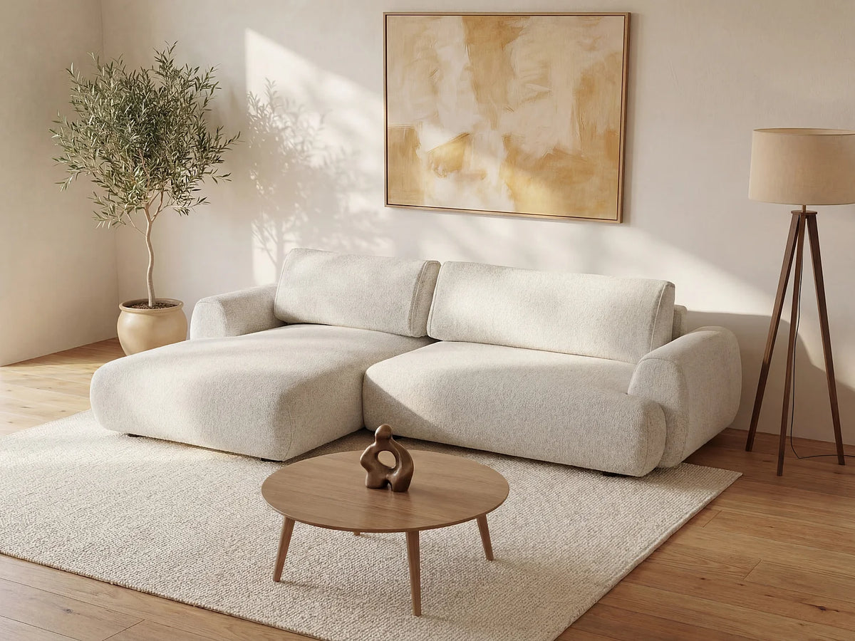 Canapé d'angle Japandi gauche convertible avec coffre en tissu chiné beige 270 cm - Monelia