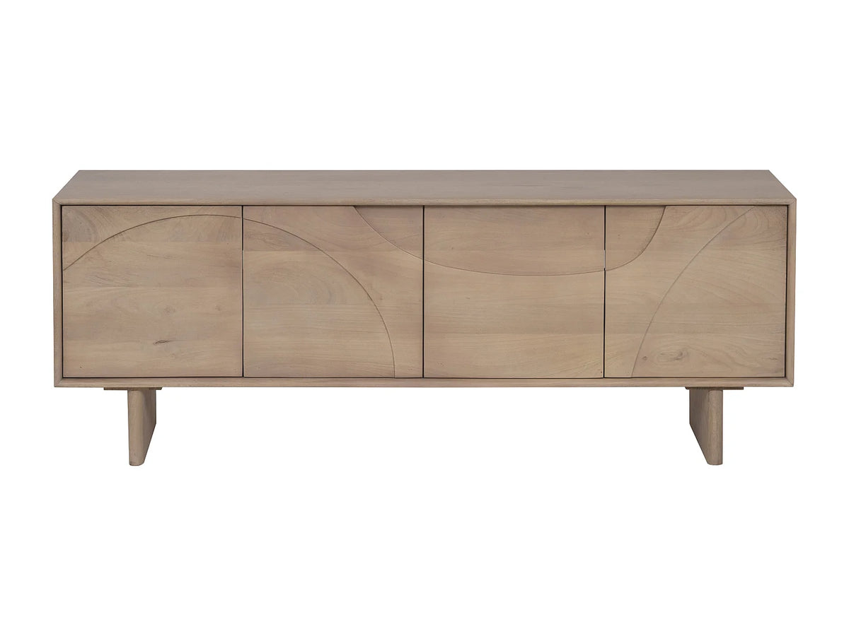 Meuble TV Japandi 4 portes push to open en bois de manguier naturel clair 160 x 60 cm - Berlama