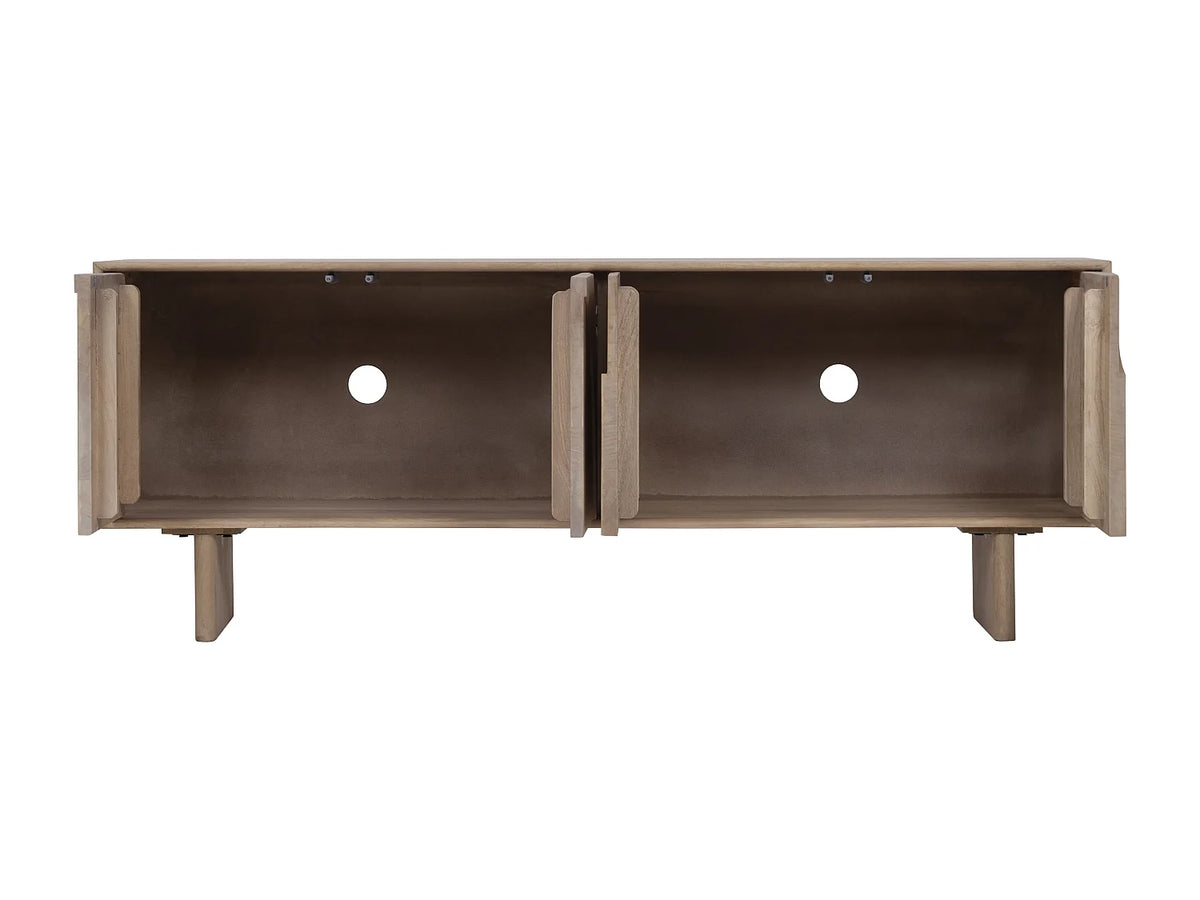 Meuble TV Japandi 4 portes push to open en bois de manguier naturel clair 160 x 60 cm - Berlama