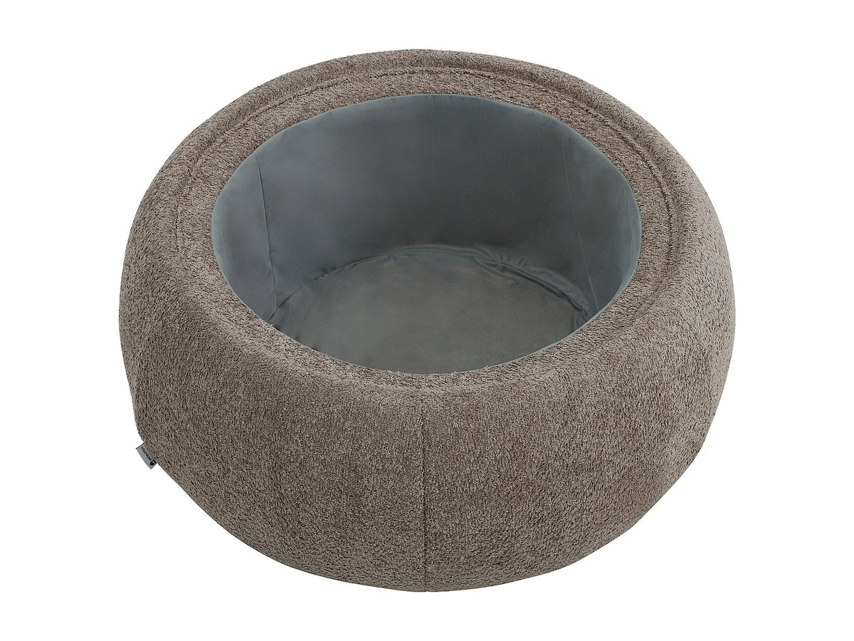 Table basse Japandi ronde avec coffre de rangement en tissu bouclette taupe Ø 85 cm - Sorieli