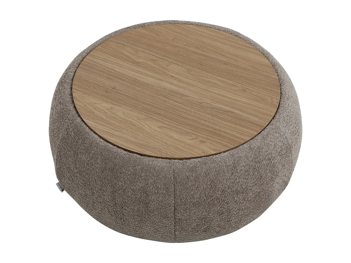 Table basse Japandi ronde avec coffre de rangement en tissu bouclette taupe Ø 85 cm - Sorieli