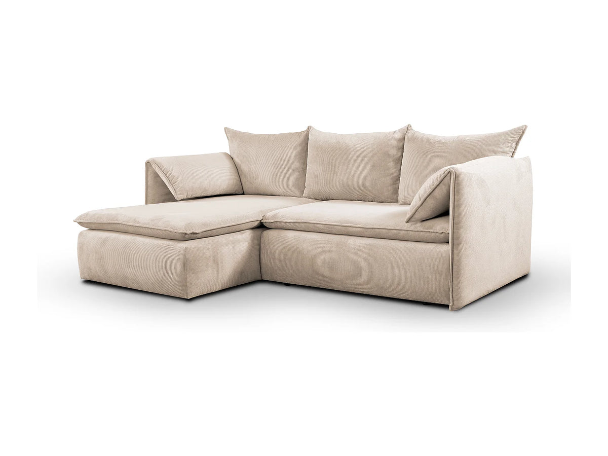 Canapé d'angle Japandi gauche convertible avec pouf en velours côtelé beige 230 cm - Teodora