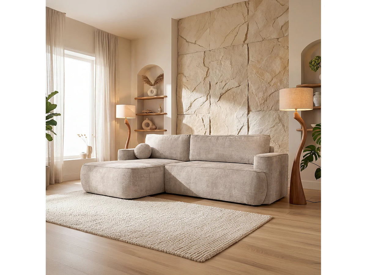 Canapé d'angle Japandi droit convertible avec coffre en tissu côtelé beige 267 cm - Moon