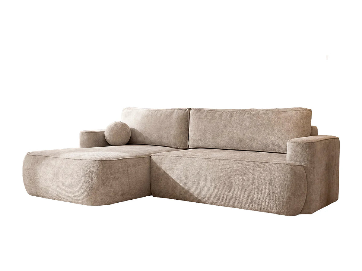 Canapé d'angle Japandi droit convertible avec coffre en tissu côtelé beige 267 cm - Moon
