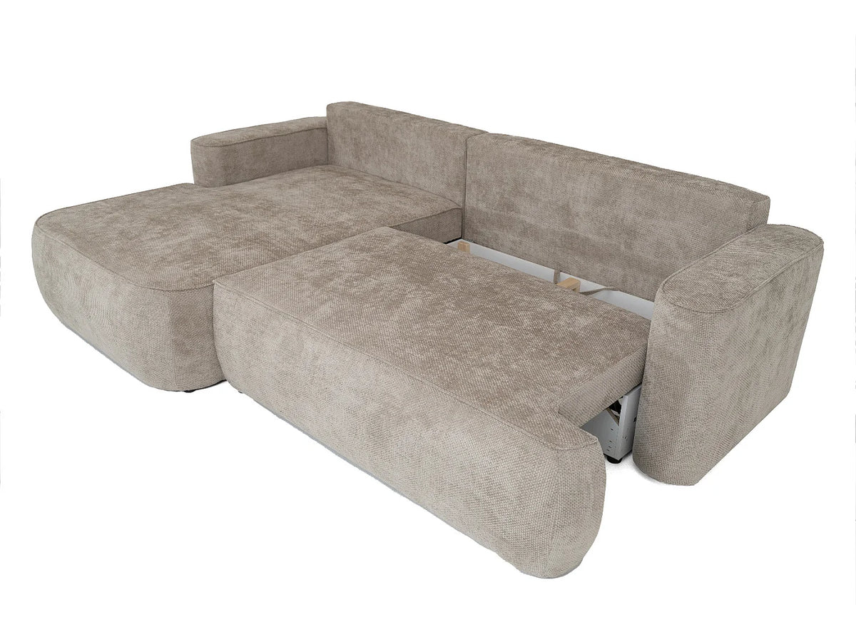 Canapé d'angle Japandi droit convertible avec coffre en tissu côtelé beige 267 cm - Moon