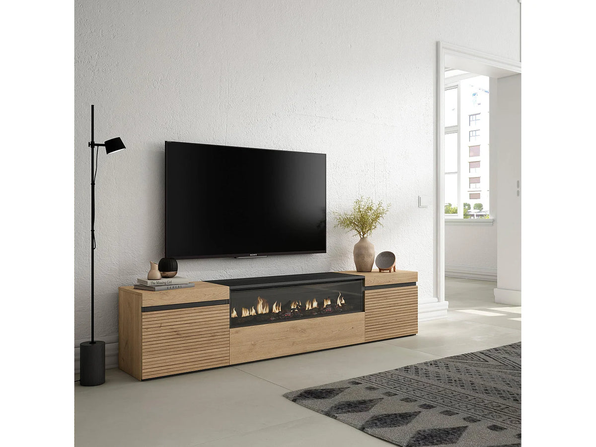 Meuble TV Japandi avec cheminée électrique 2 portes effet chêne 203 x 45 cm