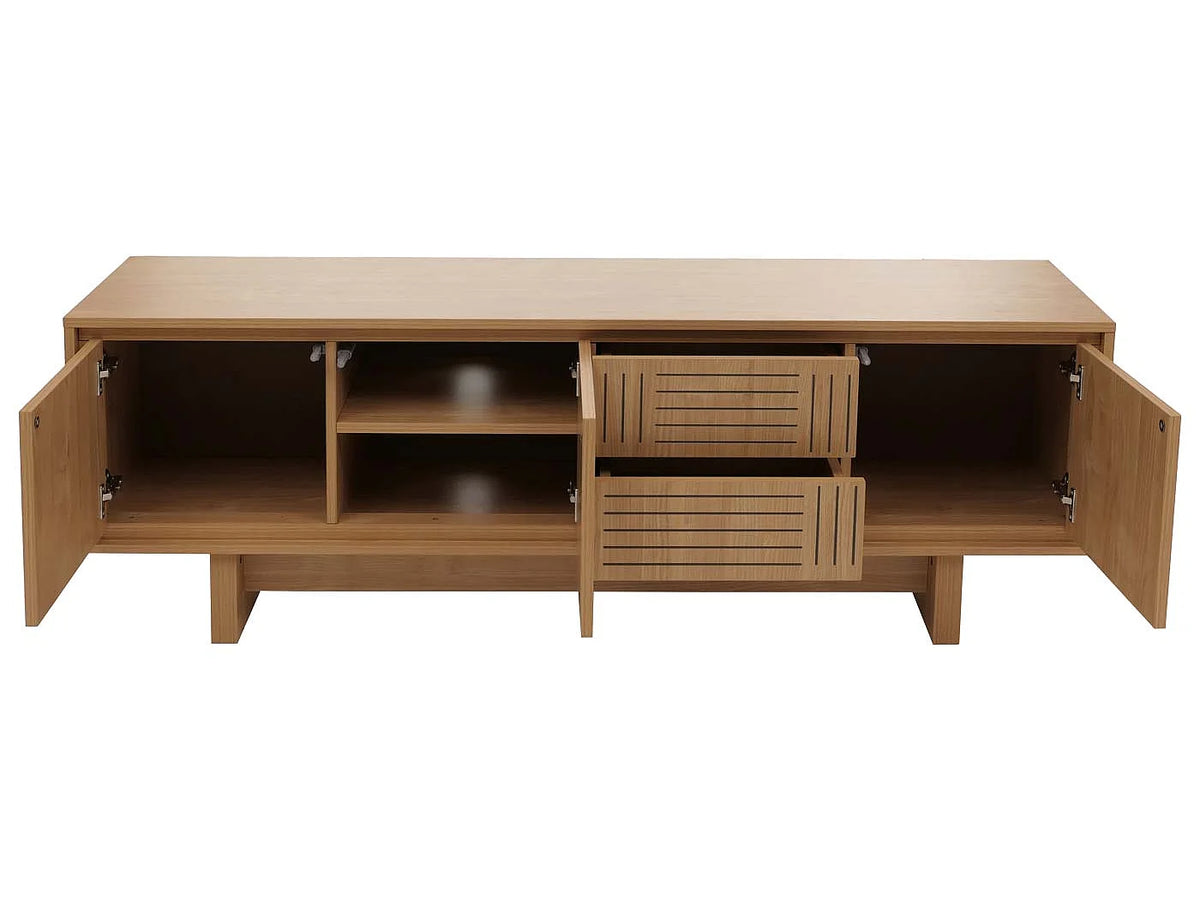 Meuble TV Japandi 3 portes et 2 tiroirs push to open effet orme naturel 150 x 51,5 cm