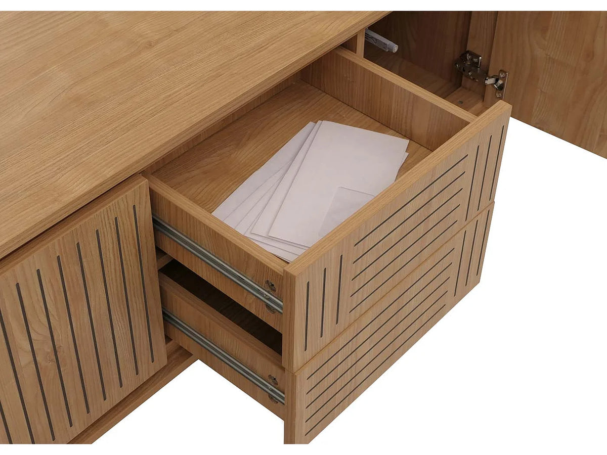 Meuble TV Japandi 3 portes et 2 tiroirs push to open effet orme naturel 150 x 51,5 cm