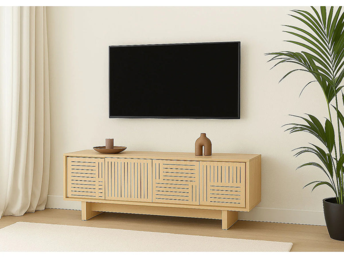 Meuble TV Japandi 3 portes et 2 tiroirs push to open effet orme naturel 150 x 51,5 cm