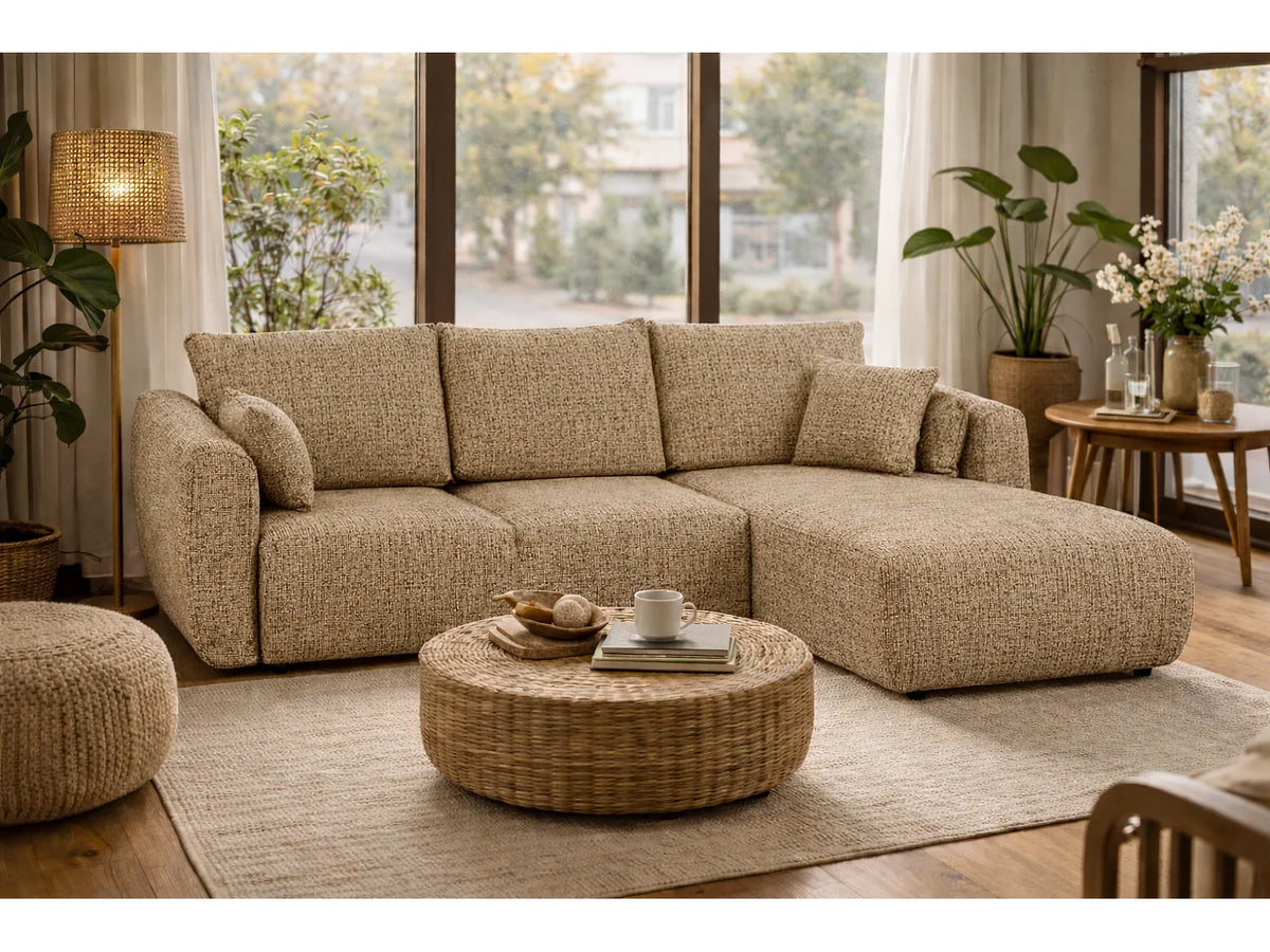 Canapé d'angle Japandi droit convertible avec coffre en tissu chiné beige 255 cm - Santi
