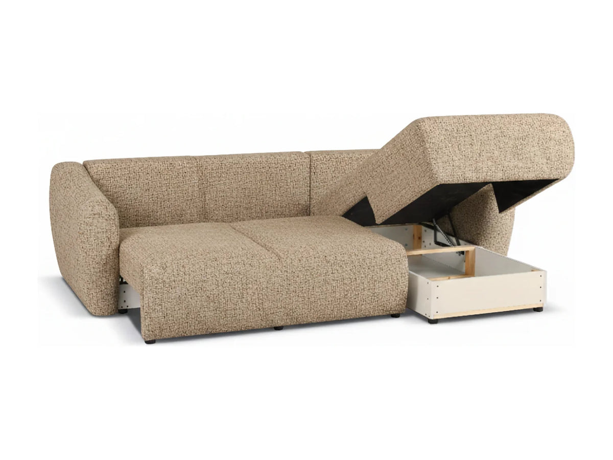Canapé d'angle Japandi droit convertible avec coffre en tissu chiné beige 255 cm - Santi