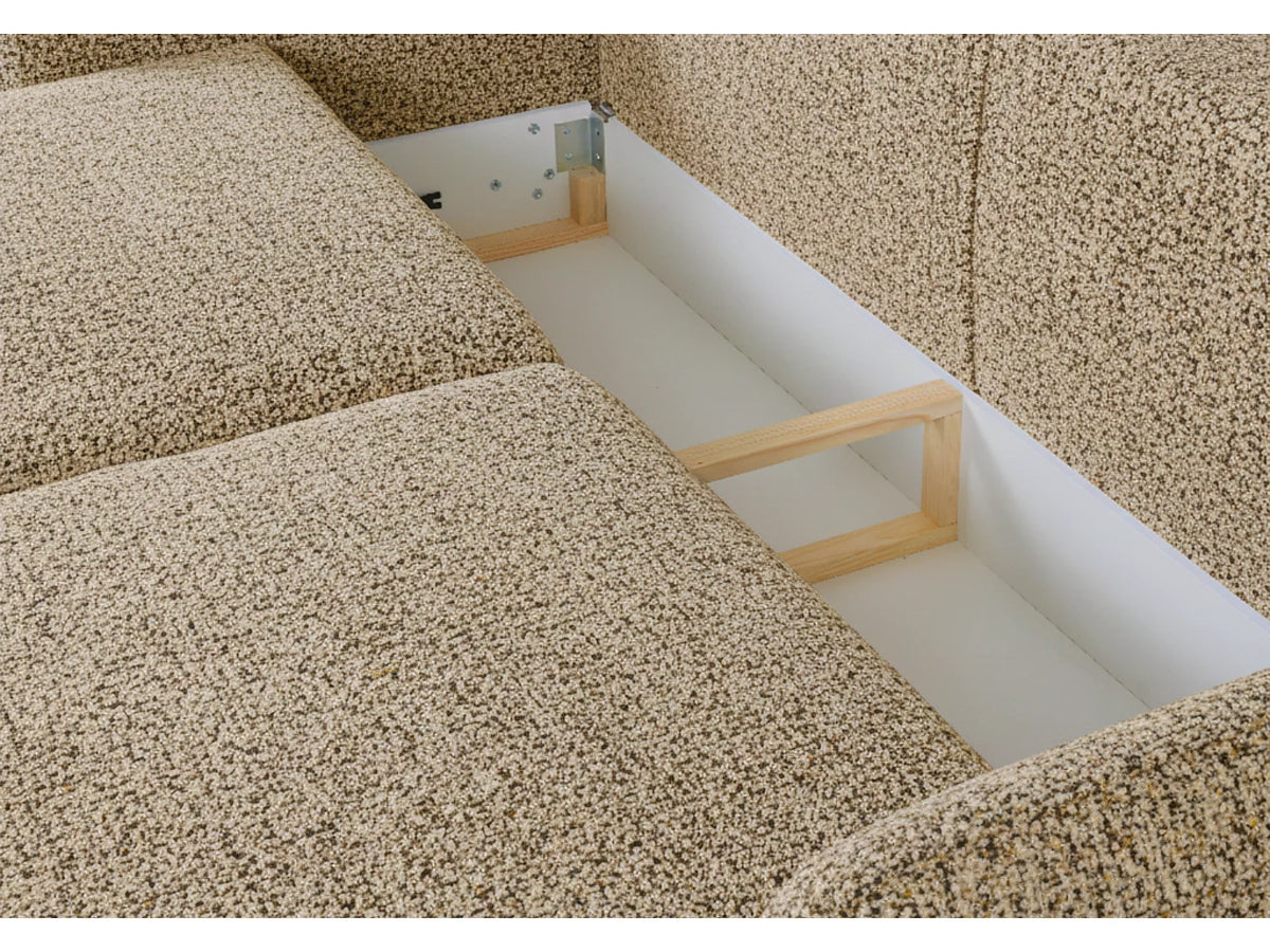 Canapé d'angle Japandi droit convertible avec coffre en tissu chiné beige 255 cm - Santi