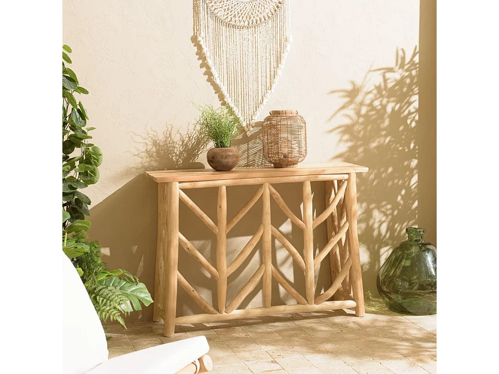Console Japandi piètement ajouré en bois de teck naturel 120 x 85 cm - Will