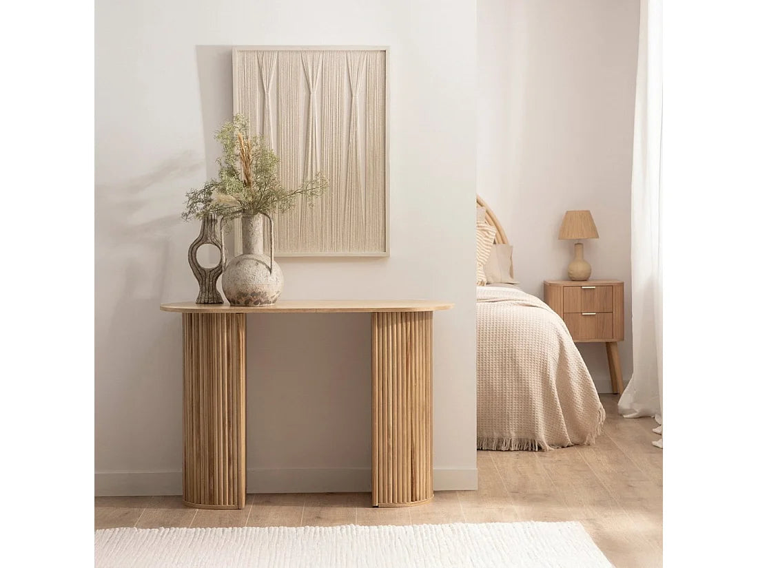 Console Japandi cannelée 2 compartiments cachés en bois de paulownia naturel 110 x 74 cm - Trena