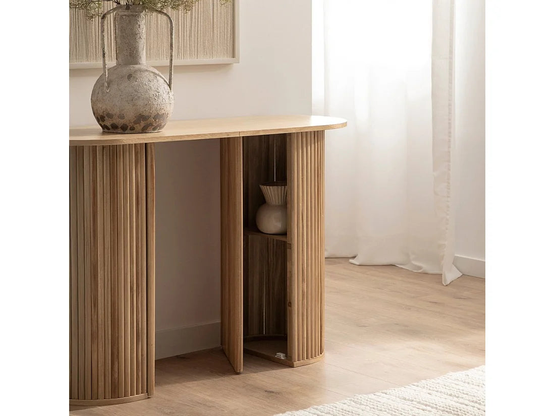 Console Japandi cannelée 2 compartiments cachés en bois de paulownia naturel 110 x 74 cm - Trena