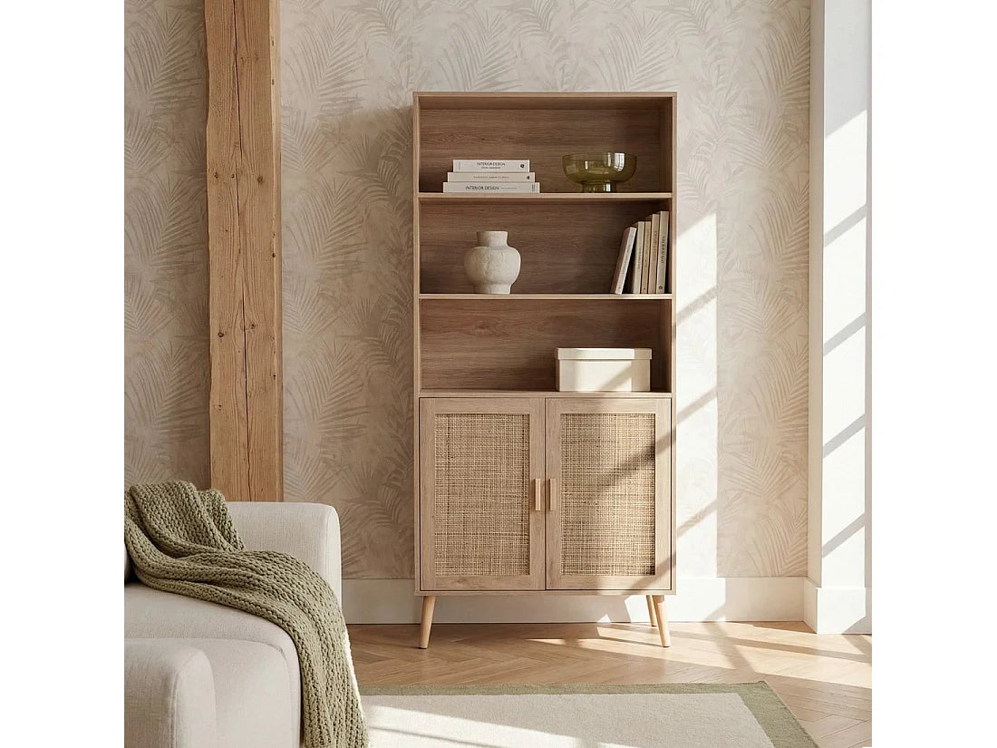 Bibliothèque Japandi 2 portes en cannage et bois naturel 80 x 171 cm - Tahiti