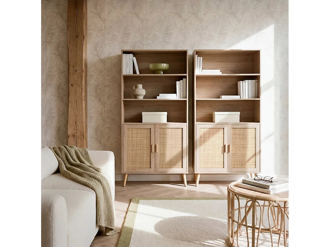 Bibliothèque Japandi 2 portes en cannage et bois naturel 80 x 171 cm - Tahiti