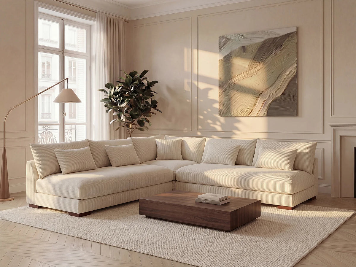 Canapé d'angle Japandi réversible en velours côtelé beige 275 cm - Sperone