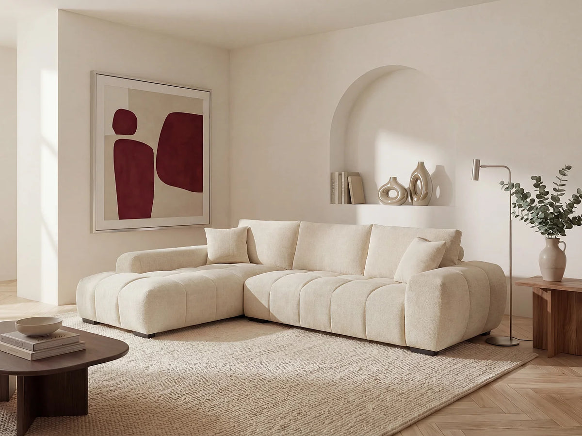 Canapé d'angle Japandi gauche 5 places en tissu texturé beige 298 cm - Berenia