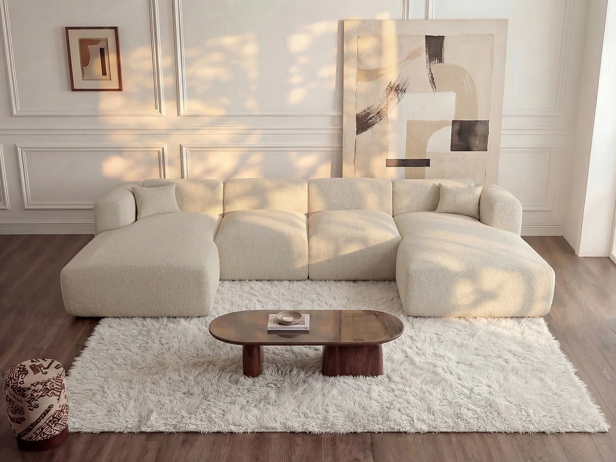 Grand canapé d'angle Japandi panoramique 7 places en tissu chiné beige 356 cm - Pogni
