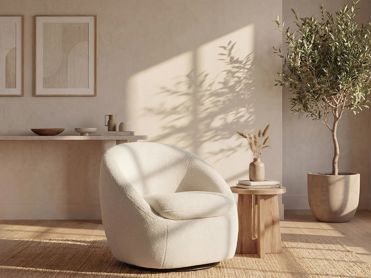 Fauteuil Japandi pivotant en tissu bouclette blanc - Netalio