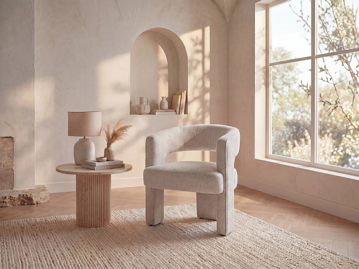 Fauteuil Japandi en tissu texturé beige - Fontanova