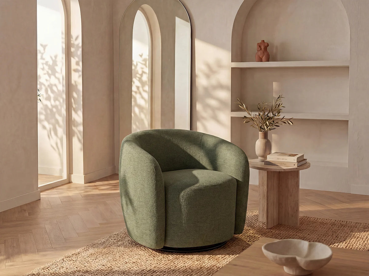 Fauteuil Japandi pivotant rond en tissu texturé kaki - Vereide