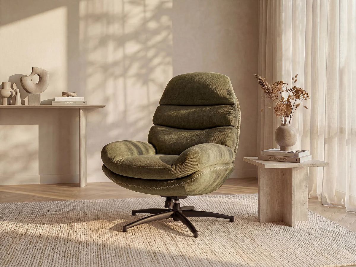 Fauteuil Japandi pivotant en tissu vert - Lizuta