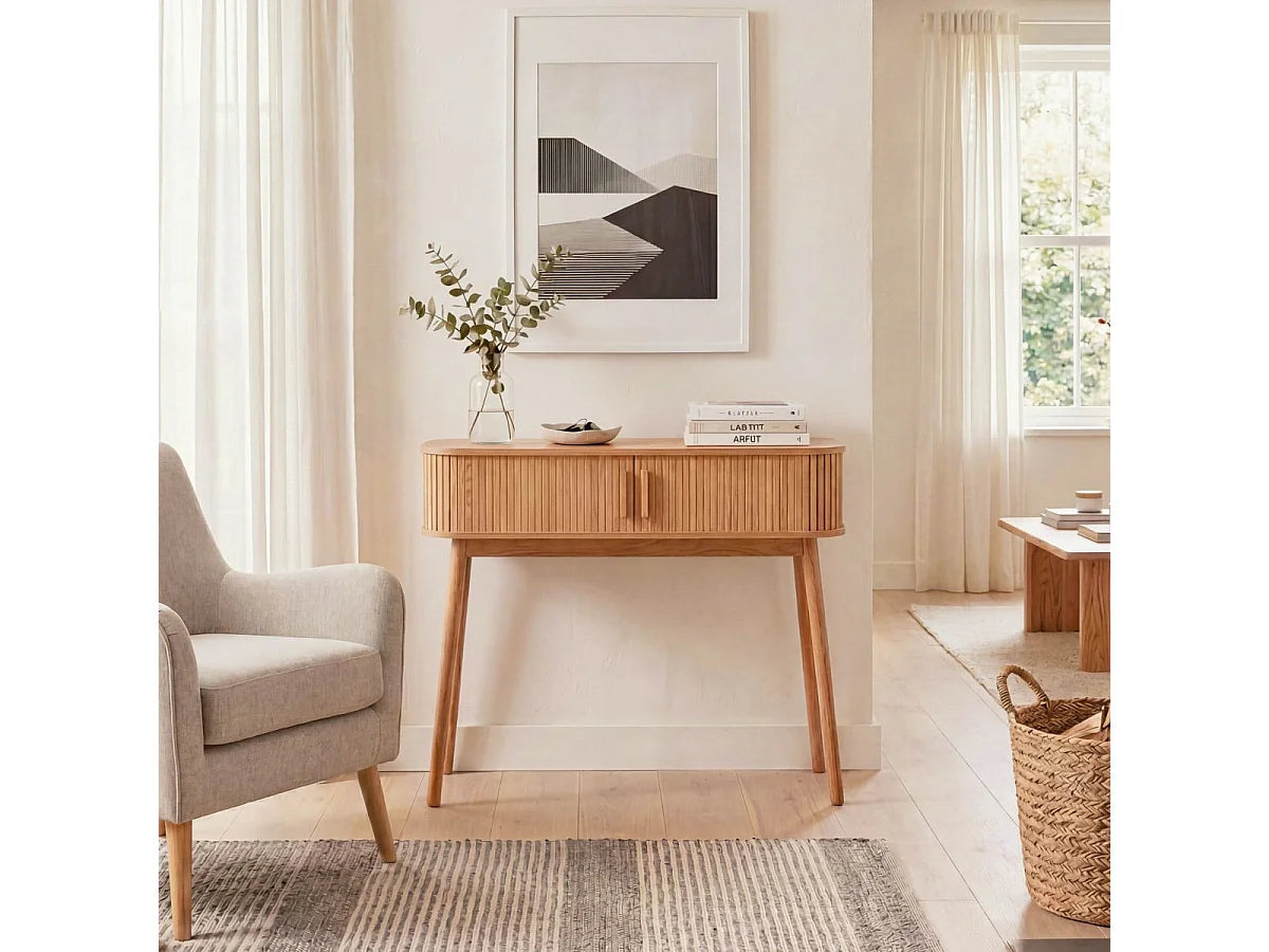 Console Japandi 2 portes coulissantes décor chêne clair et pieds en pin 100 x 81 cm - Ernest
