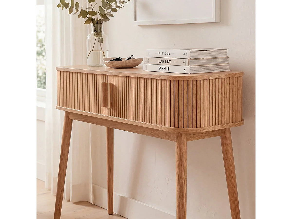 Console Japandi 2 portes coulissantes décor chêne clair et pieds en pin 100 x 81 cm - Ernest