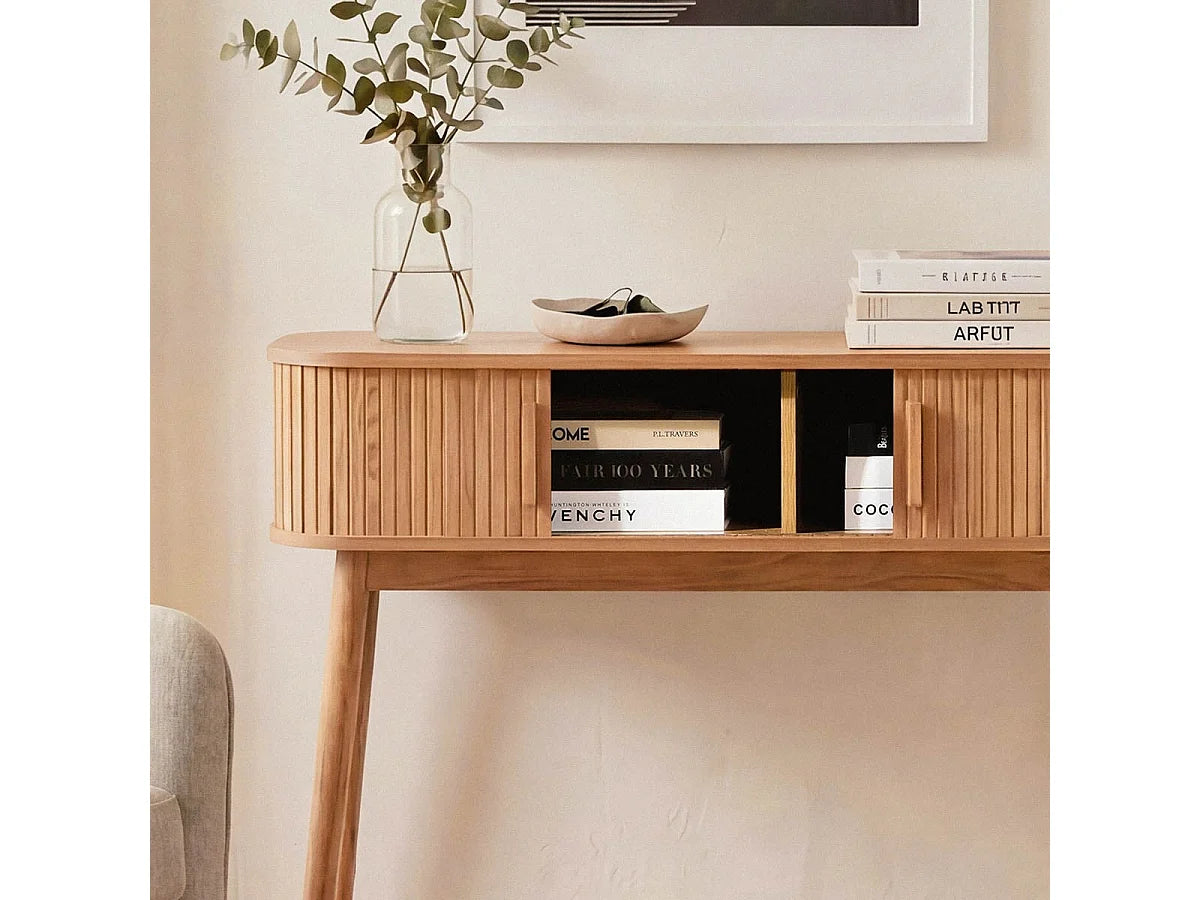 Console Japandi 2 portes coulissantes décor chêne clair et pieds en pin 100 x 81 cm - Ernest